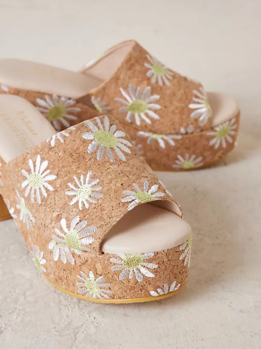 Matisse by Anthropologie Cork Daisy Platform Slide - Tan with Flower Embroidery